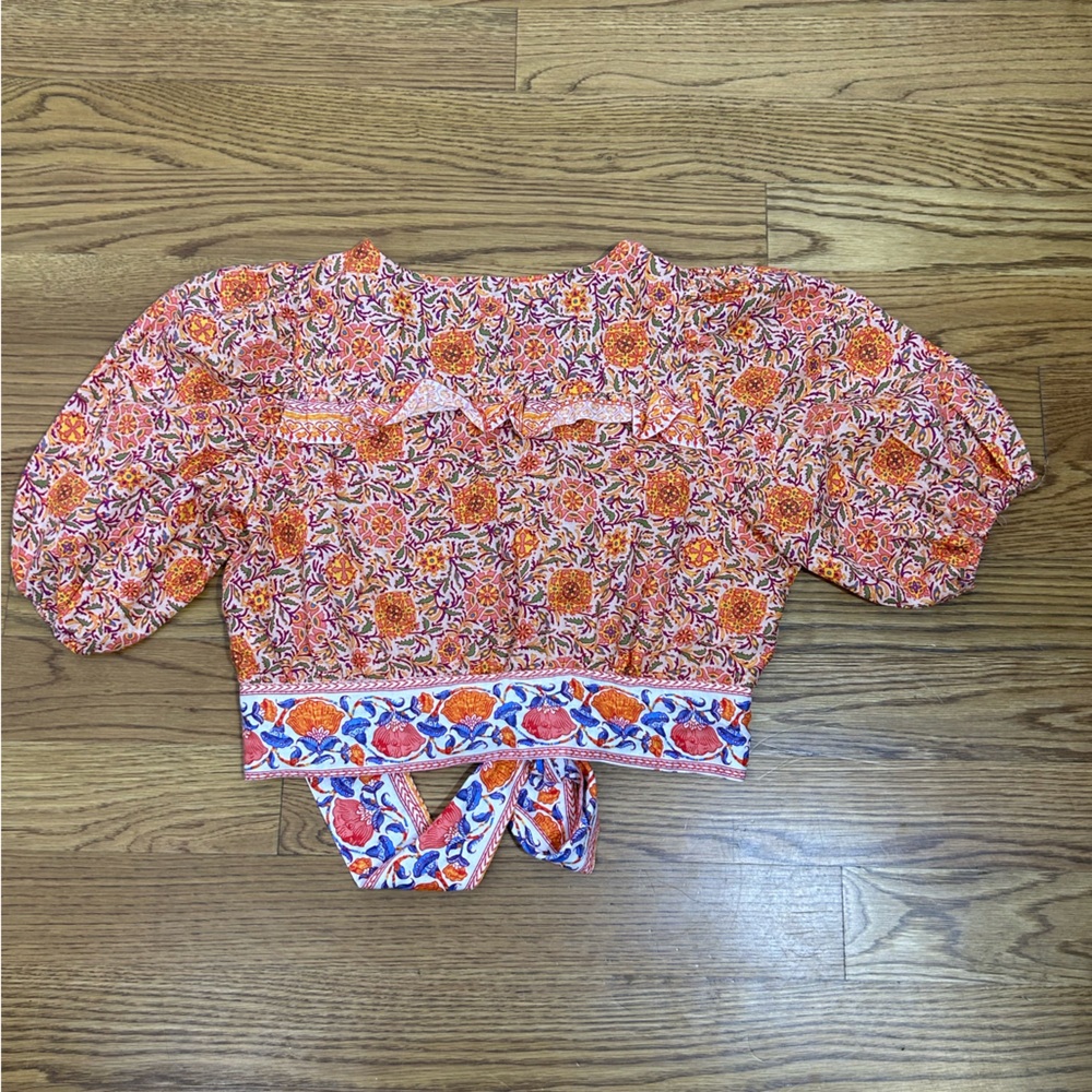 Rachel Zoe Cropped Boho V-front Tie-Front Floral Linen Top‎ Orange & Purple - Picture 12 of 14